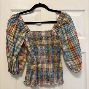 Ganni Multicolor Smocked Square-Neck Puff Sleeve Top